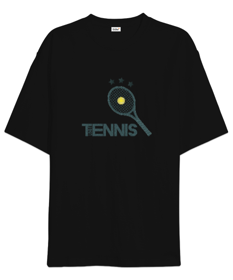 Tisho - Tenis raketi desen tasarım baskılı Siyah Oversize Unisex Tişört