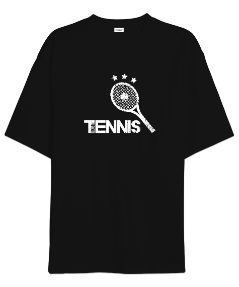 Tisho - Tenis raketi desen tasarım baskılı, tenis yazısı 3 Siyah Oversize Unisex Tişört