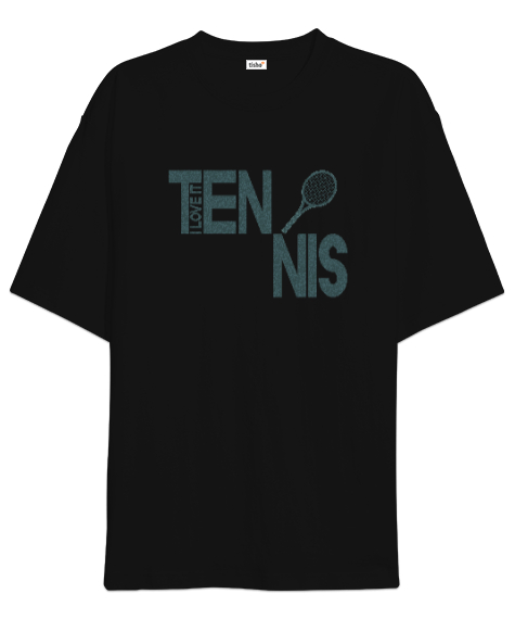 Tisho - Tenis yazısı desen tasarım baskılı Siyah Oversize Unisex Tişört