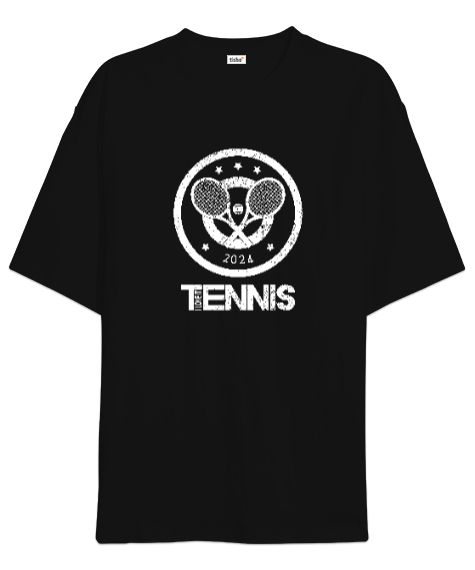 Tisho - Tenis yazısı tenis topu desen tasarım baskılı 3 Siyah Oversize Unisex Tişört