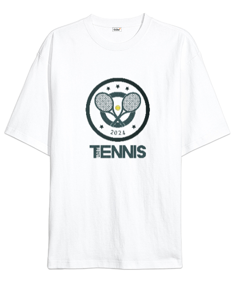 Tisho - Tenis yazısı tenis topu desen tasarım baskılı Beyaz Oversize Unisex Tişört