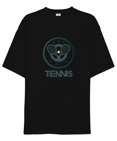 Tisho - Tenis yazısı tenis topu desen tasarım baskılı Siyah Oversize Unisex Tişört