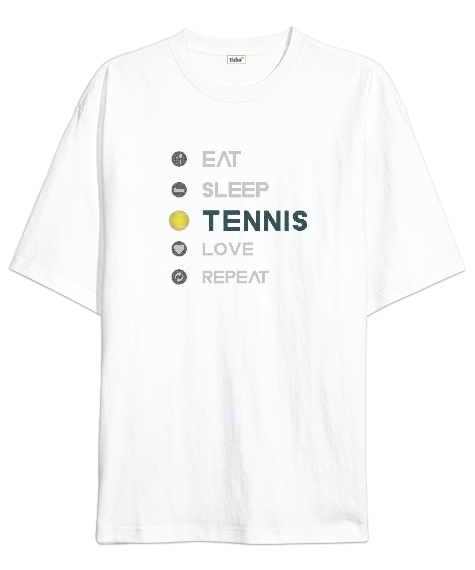 Tisho - Tenisçinin yaşam döngüsü desen tasarım baskılı Beyaz Oversize Unisex Tişört