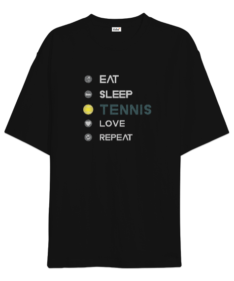 Tisho - Tenisçinin yaşam döngüsü desen tasarım baskılı Siyah Oversize Unisex Tişört