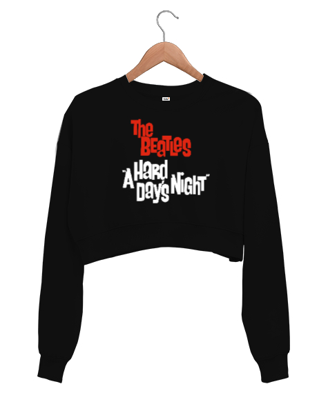 Tisho - The Beatles - A Hard Days Night Siyah Kadın Crop Sweatshirt