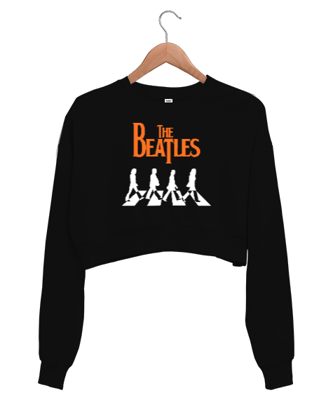 Tisho - The Beatles V1 Siyah Kadın Crop Sweatshirt