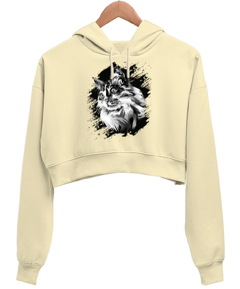 Tisho - The Cat - Kedi Çizim- Kadın Crop Hoodie Kapüşonlu Sweatshirt