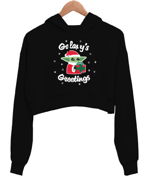 Tisho - The Child Yeni Yıl Star Wars Grogu Galaxys Greetings Siyah Kadın Crop Hoodie Kapüşonlu Sweatshirt