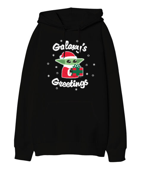 Tisho - The Child Yeni Yıl Star Wars Grogu Galaxys Greetings Siyah Oversize Unisex Kapüşonlu Sweatshirt