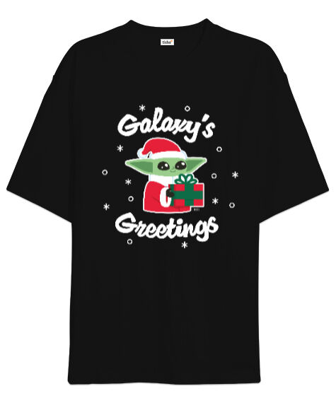 Tisho - The Child Yeni Yıl Star Wars Grogu Galaxys Greetings Siyah Oversize Unisex Tişört