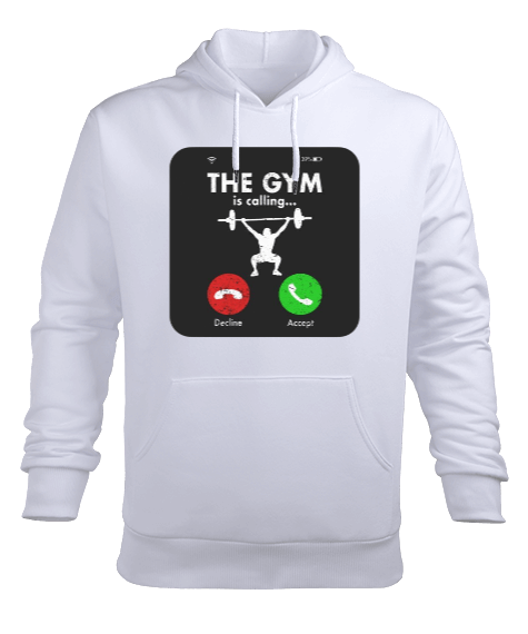 Tisho - The GYM is calling Vücut Geliştirme Bodybuilding Fitness Tasarım Beyaz Erkek Kapüşonlu Hoodie Sweatshirt