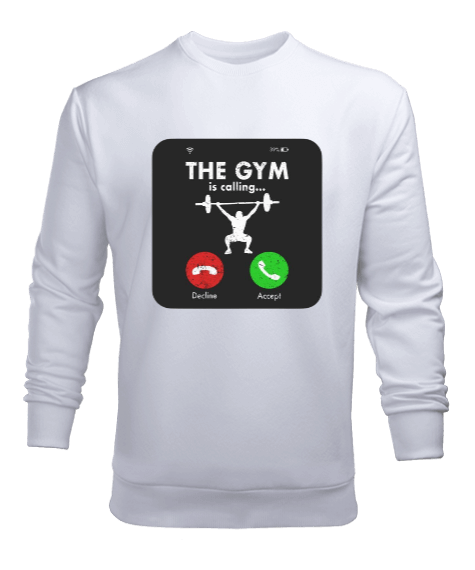Tisho - The GYM is calling Vücut Geliştirme Bodybuilding Fitness Tasarım Beyaz Erkek Sweatshirt