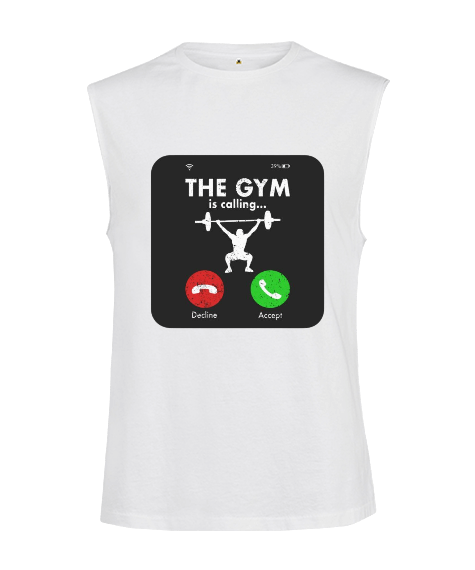Tisho - The GYM is calling Vücut Geliştirme Bodybuilding Fitness Tasarım Beyaz Kesik Kol Unisex Tişört