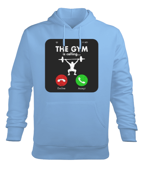 Tisho - The GYM is calling Vücut Geliştirme Bodybuilding Fitness Tasarım Buz Mavisi Erkek Kapüşonlu Hoodie Sweatshirt