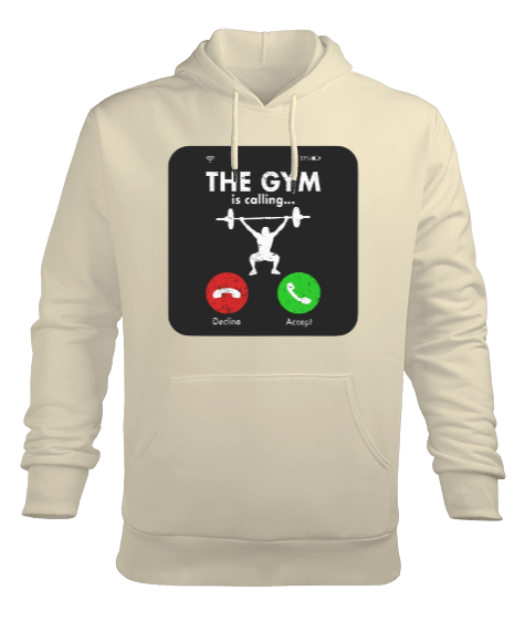 Tisho - The GYM is calling Vücut Geliştirme Bodybuilding Fitness Tasarım Krem Erkek Kapüşonlu Hoodie Sweatshirt