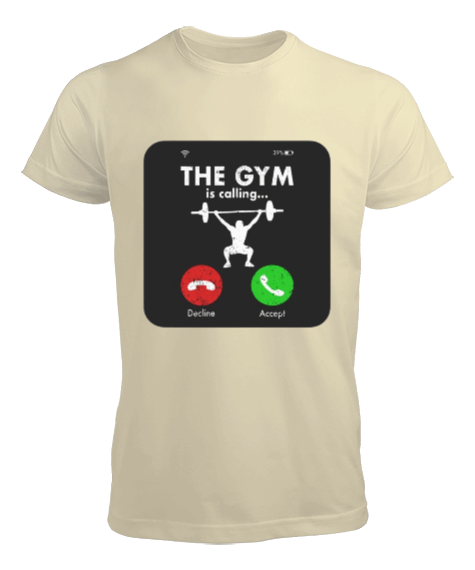 Tisho - The GYM is calling Vücut Geliştirme Bodybuilding Fitness Tasarım Krem Erkek Tişört