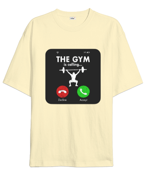 Tisho - The GYM is calling Vücut Geliştirme Bodybuilding Fitness Tasarım Krem Oversize Unisex Tişört