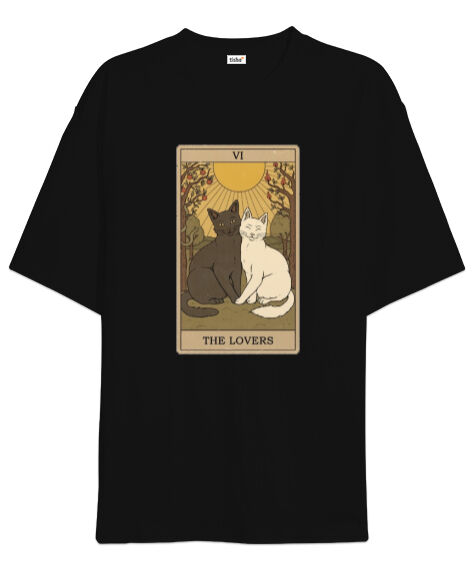 Tisho - The lovers tarot kedi Siyah Oversize Unisex Tişört