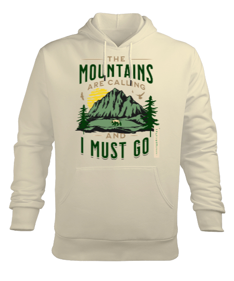 Tisho - The Mountains Are Calling Baskılı Krem Erkek Kapüşonlu Hoodie Sweatshirt