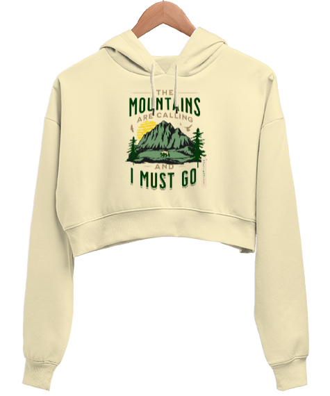 Tisho - The Mountains Are Calling Baskılı Krem Kadın Crop Hoodie Kapüşonlu Sweatshirt
