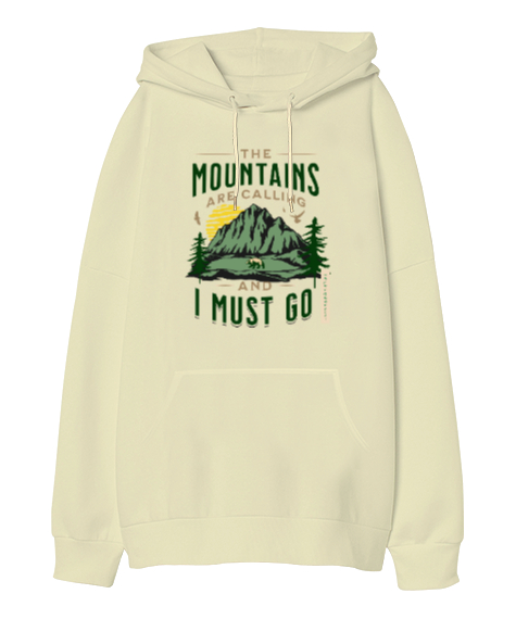 Tisho - The Mountains Are Calling Baskılı Krem Oversize Unisex Kapüşonlu Sweatshirt