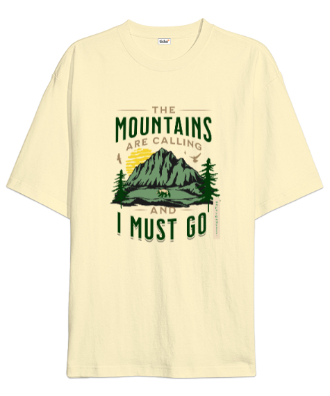 Tisho - The Mountains Are Calling Baskılı Krem Oversize Unisex Tişört