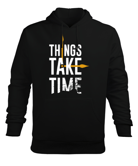 Tisho - Things Take Time Baskılı Siyah Erkek Kapüşonlu Hoodie Sweatshirt