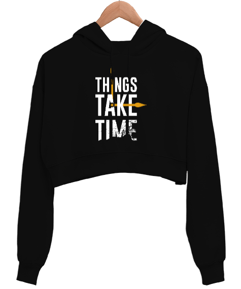 Tisho - Things Take Time Baskılı Siyah Kadın Crop Hoodie Kapüşonlu Sweatshirt