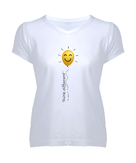 Tisho - Think Different - Farklı Düşün Mutlu Ol Beyaz Kadın V Yaka Tişört