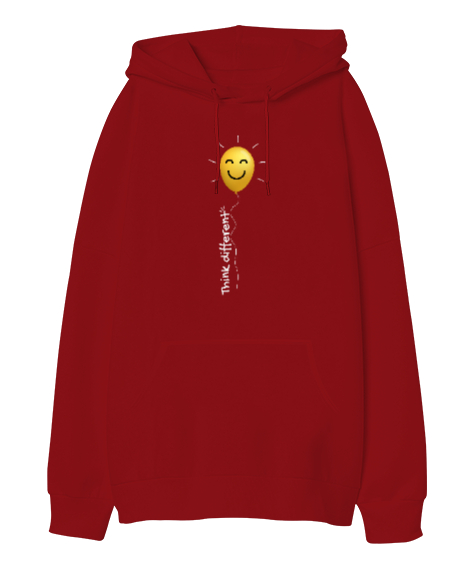 Tisho - Think Different - Farklı Düşün Mutlu Ol Kırmızı Oversize Unisex Kapüşonlu Sweatshirt