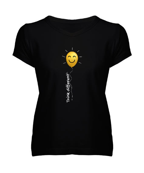 Tisho - Think Different - Farklı Düşün Mutlu Ol Siyah Kadın V Yaka Tişört
