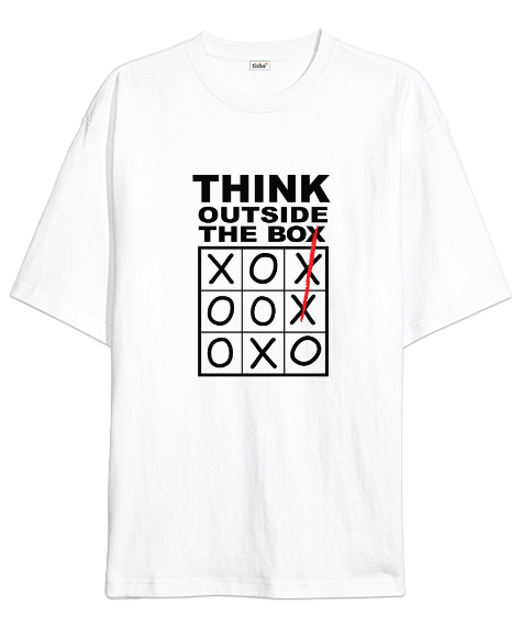 Tisho - Thınk Outsıde The Box Baskılı Beyaz Oversize Unisex Tişört