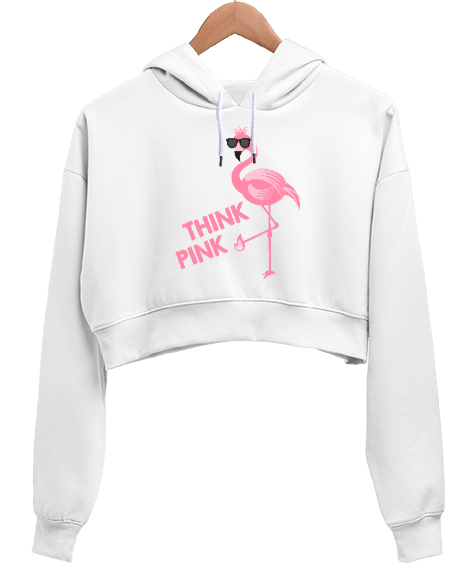 Tisho - Think Pink - Pembe Düşün Beyaz Kadın Crop Hoodie Kapüşonlu Sweatshirt