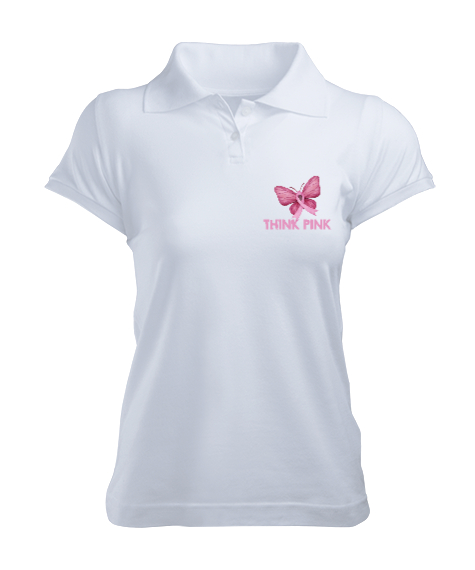 Tisho - Think Pink - Pembe Düşün Beyaz Kadın Polo Yaka Tişört