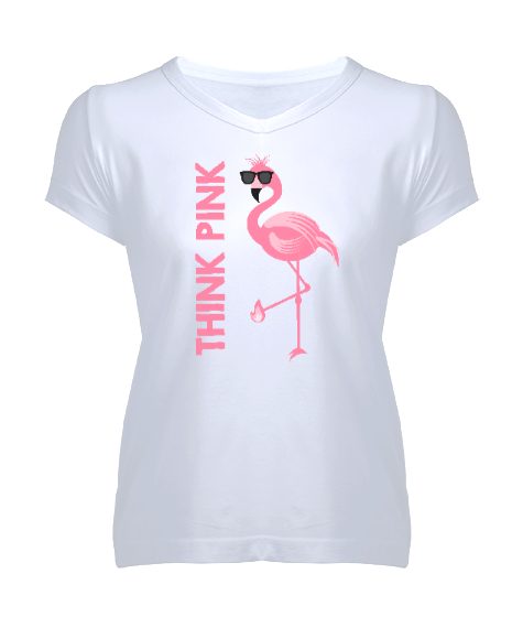 Tisho - Think Pink - Pembe Düşün Beyaz Kadın V Yaka Tişört