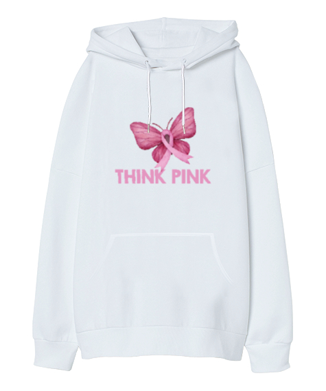 Tisho - Think Pink - Pembe Düşün Beyaz Oversize Unisex Kapüşonlu Sweatshirt