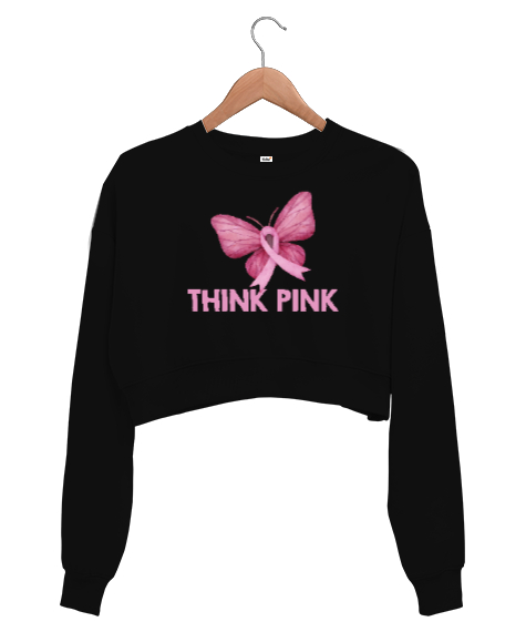 Tisho - Think Pink - Pembe Düşün Siyah Kadın Crop Sweatshirt