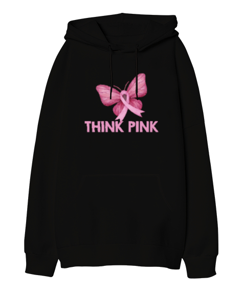 Tisho - Think Pink - Pembe Düşün Siyah Oversize Unisex Kapüşonlu Sweatshirt