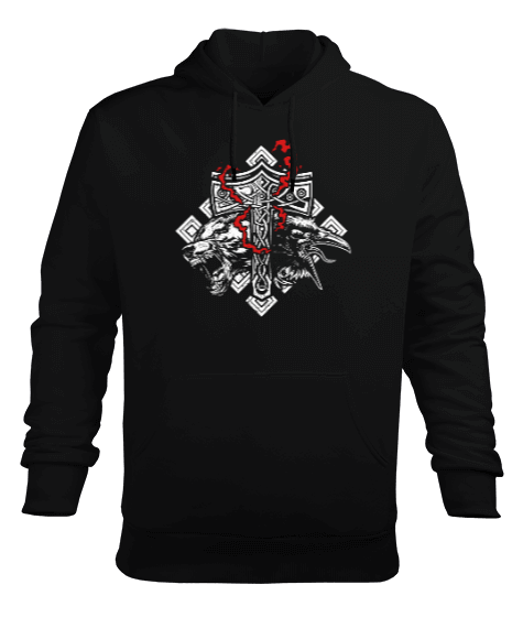 Tisho - Thor Hammer Mjolnir Rune Protection Odin Raven Vik Baskılı Siyah Erkek Kapüşonlu Hoodie Sweatshirt