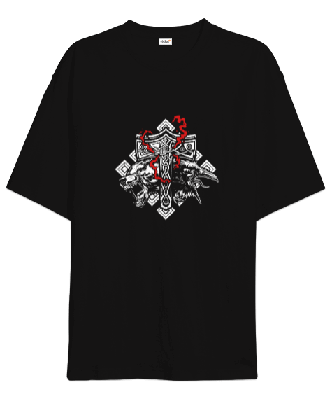 Tisho - Thor Hammer Mjolnir Rune Protection Odin Raven Vik Baskılı Siyah Oversize Unisex Tişört