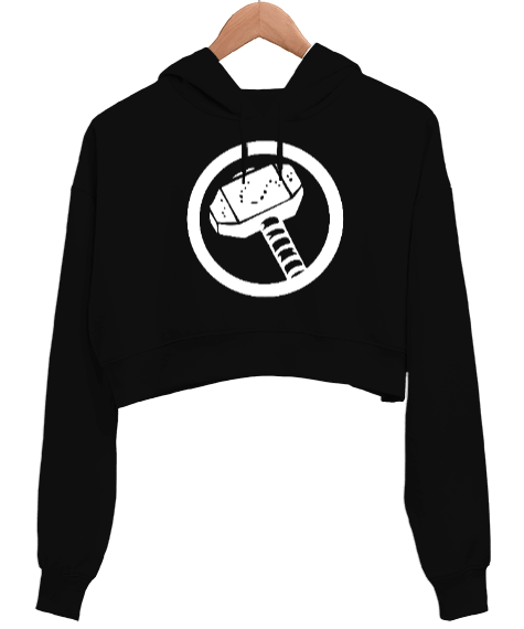 Tisho - Thor Retro Hammer Tasarımlı Siyah Kadın Crop Hoodie Kapüşonlu Sweatshirt