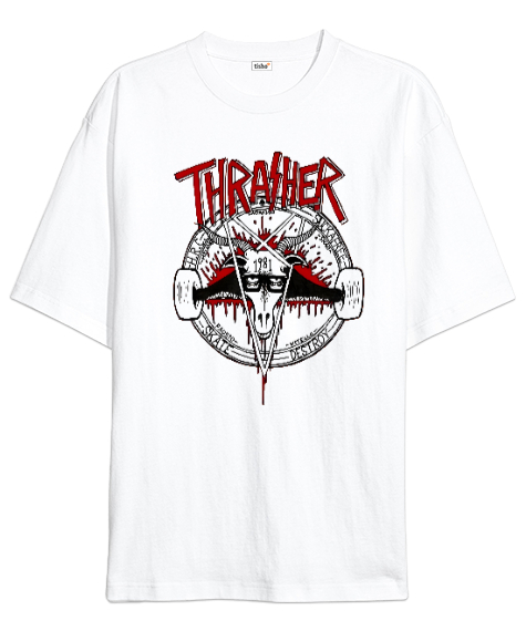 Tisho - Thrasher Beyaz Oversize Unisex Tişört