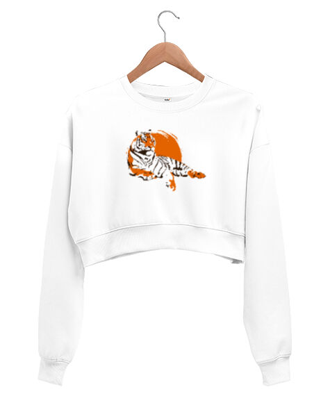 Tisho - Tiger Sun Beyaz Kadın Crop Sweatshirt
