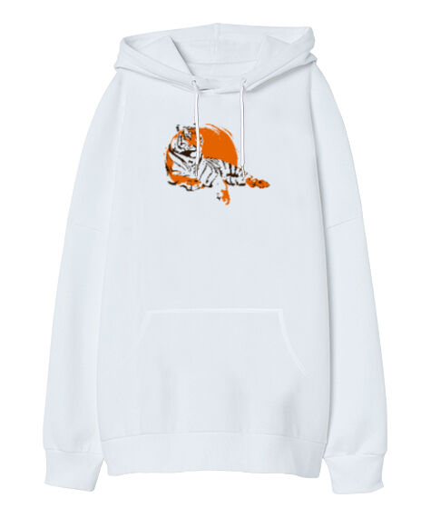 Tisho - Tiger Sun Beyaz Oversize Unisex Kapüşonlu Sweatshirt