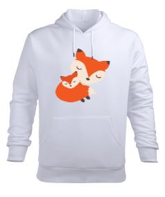 Tilki Baskılı Beyaz Erkek Kapüşonlu Hoodie Sweatshirt - Tisho