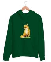 Tilki baskılı Çimen Yeşili Unisex Kapşonlu Sweatshirt - Tisho