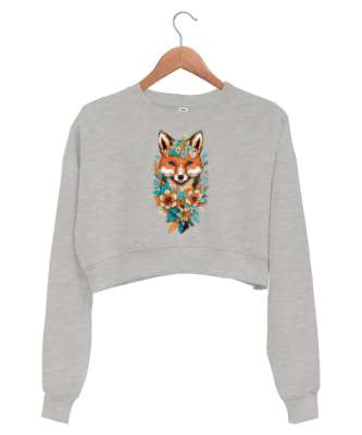 Tilki Baskılı Gri Gri Kadın Crop Sweatshirt - Tisho