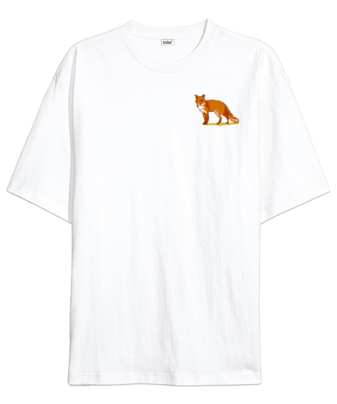 Tisho - Tilki Baskılı Oversize Unisex Beyaz T-Shirt Oversize Unisex Tişört