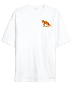 Tilki Baskılı Oversize Unisex Beyaz T-Shirt Oversize Unisex Tişört - Tisho