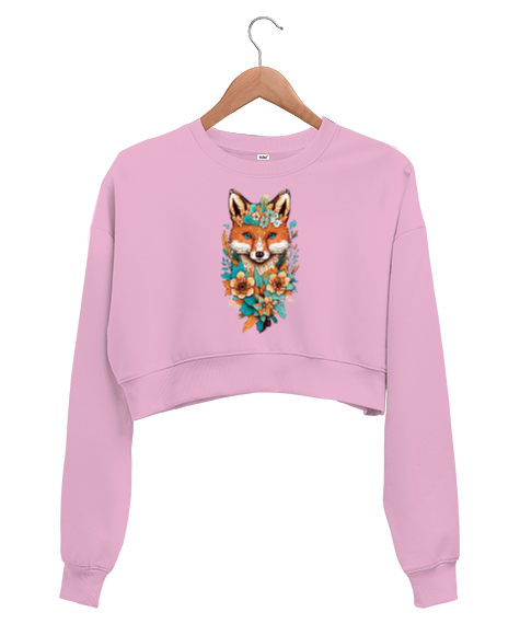 Tisho - Tilki Baskılı Pembe Pembe Kadın Crop Sweatshirt